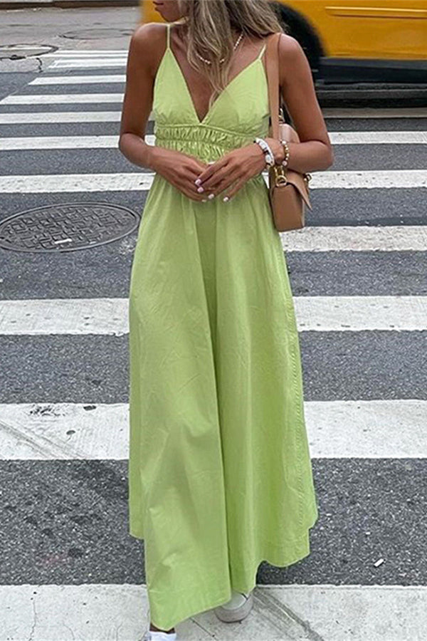 Women's V-neck Sling Solid Color High Waist Dress
