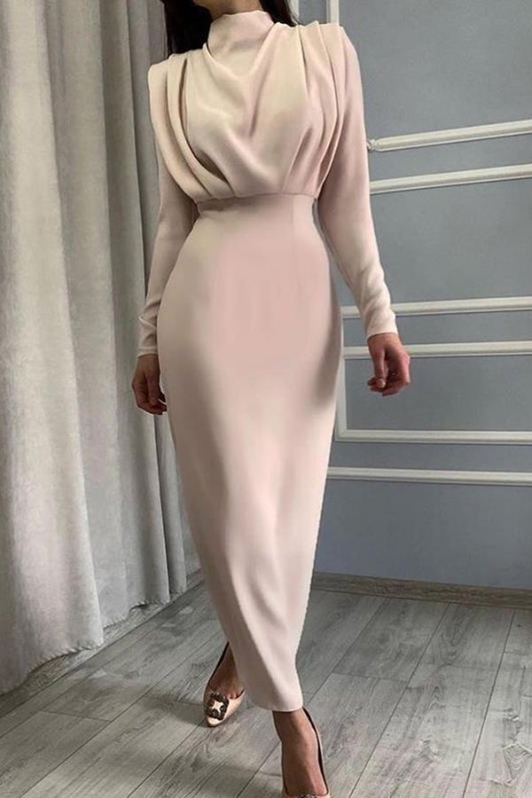 Fashiona Elegant Waist Solid Color Long-sleeved Dress
