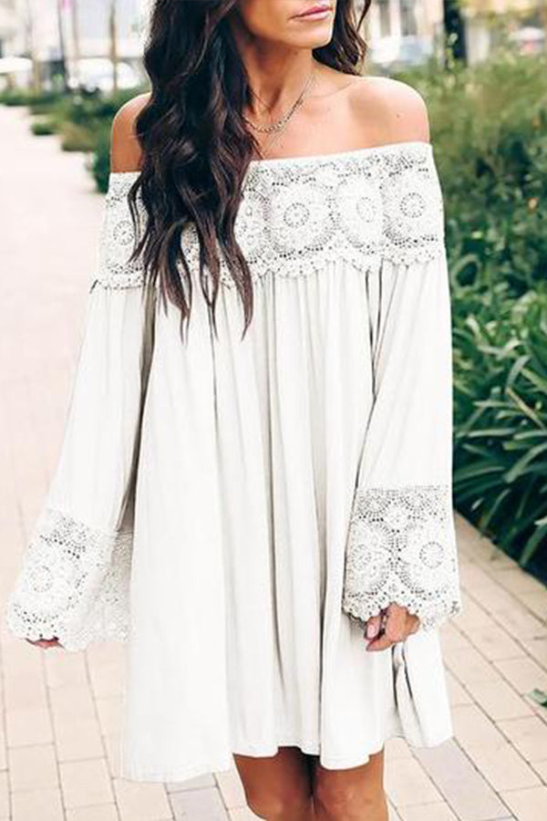 Off-Shoulder Lace Stitching Flared Sleeve Mini Dress