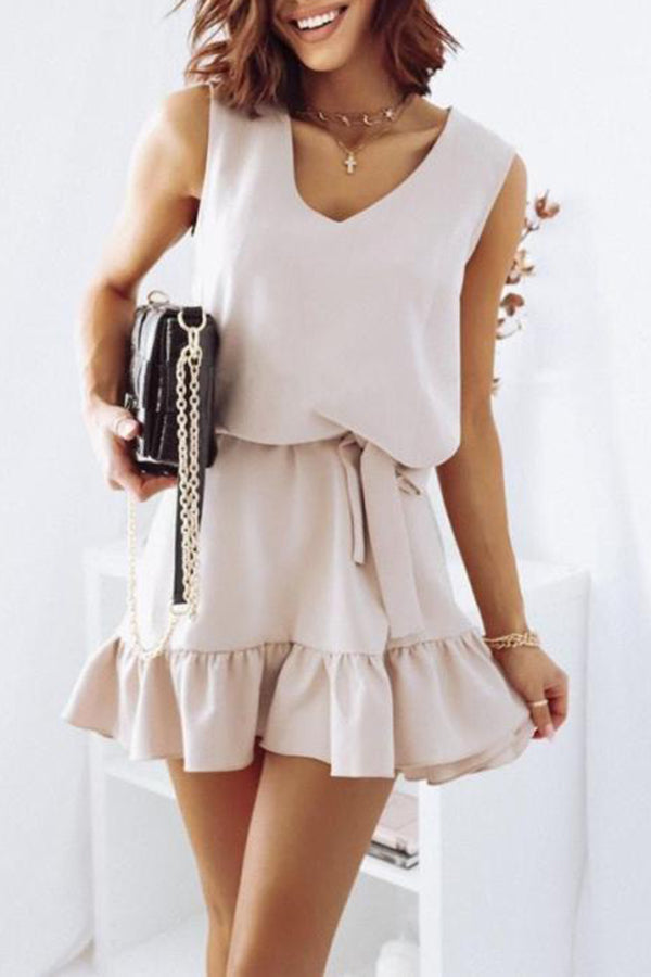 V-Neck Sleeveless Gathered Waist Mini Dress
