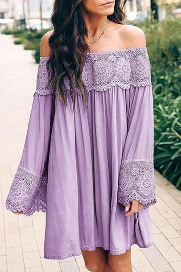 Off-Shoulder Lace Stitching Flared Sleeve Mini Dress