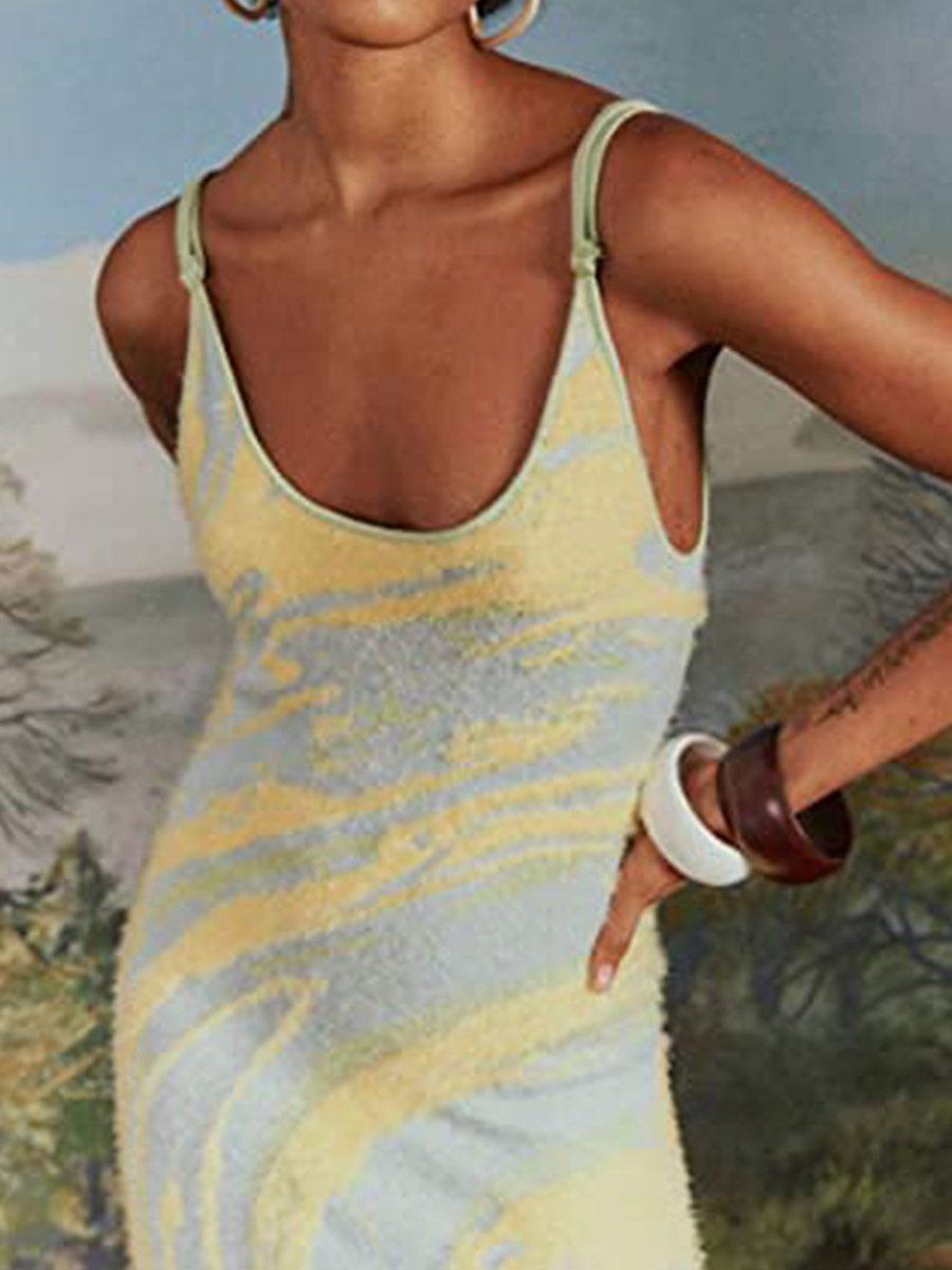 U-neck Sleeveless Colorblock Calf-length Knit Dress