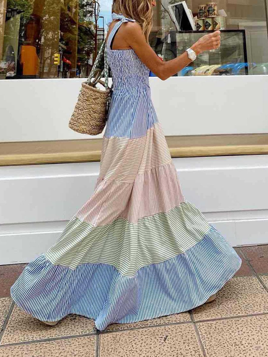 Colorblock Striped Straps Smocked Maxi Dress