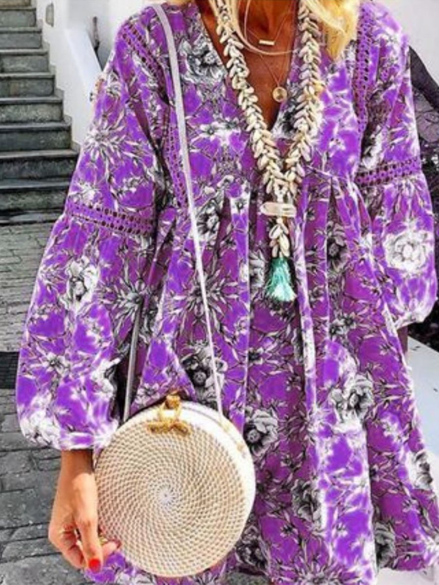 Bohemian Print V-neck Long Sleeve Dress