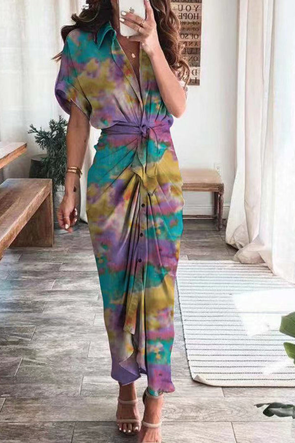 Print Satin Pleated Classy Bandage Shirt Dress
