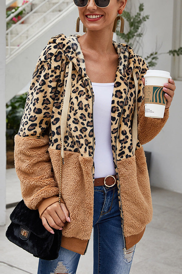Leopard Patchwork Hooded Plush Coat