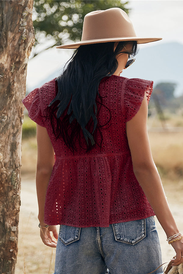 V-neck Lotus Leaf Sleeve Hollow Loose Women's Top