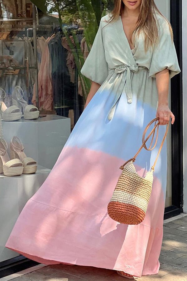 V-neck Tie-dye Gradient Puff-sleeve Maxi Dress