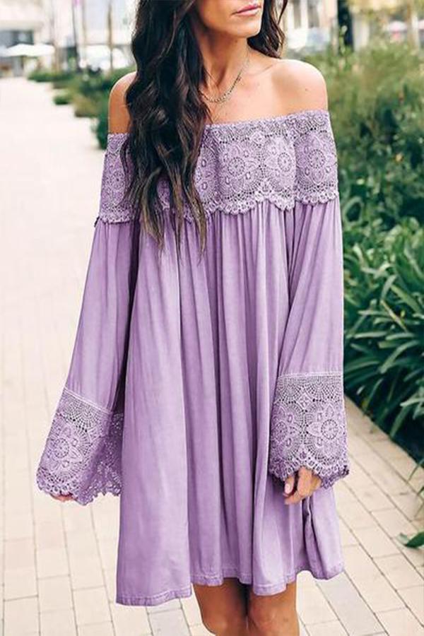Off-Shoulder Lace Stitching Flared Sleeve Mini Dress