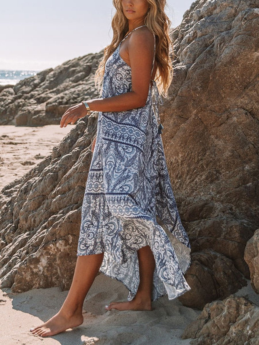 Bohemian Print Halterneck Strap Midi Dress