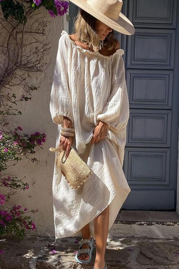 Cotton Linen Off Shoulder Midi Dress