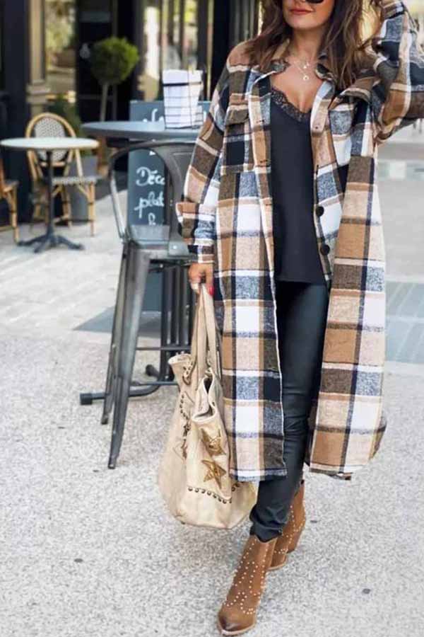 Lapel Plaid Coat Tops