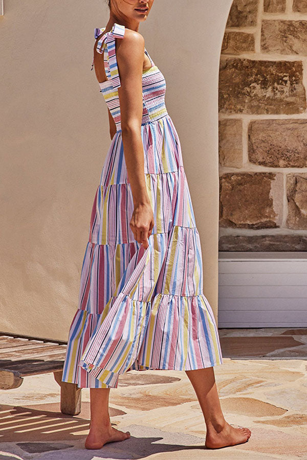 Fake Suspender Lace-up Printed Long Dress