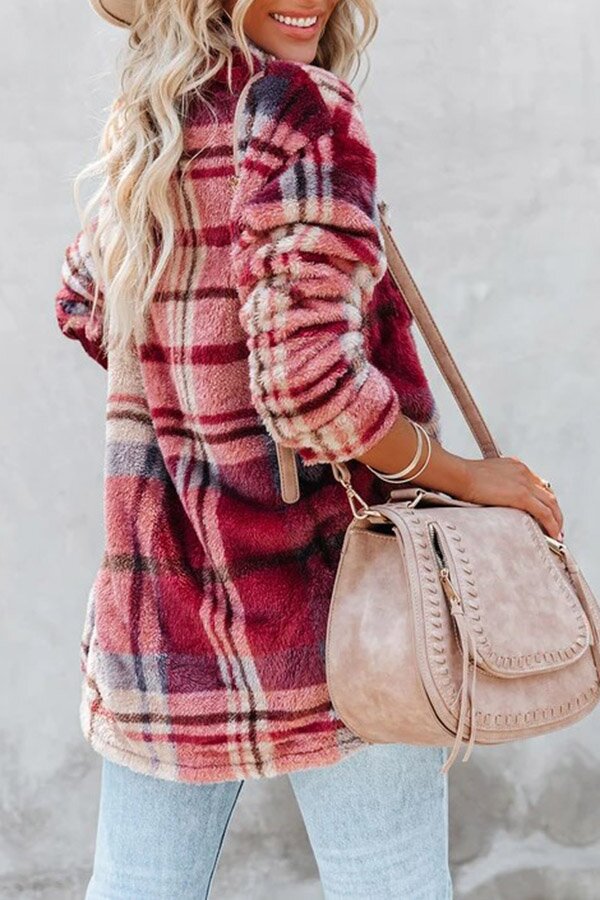 Velvet Plaid Lapel Button Front Pocket Shacket