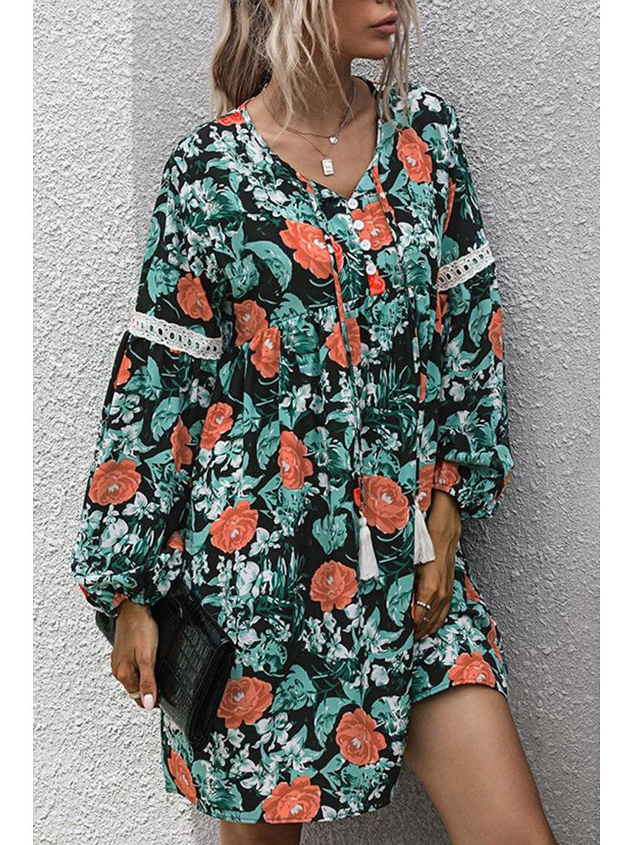 Pretty Floral Print V Neck Dress