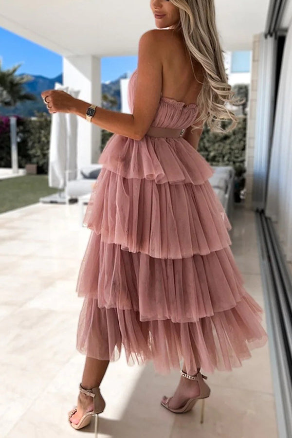 Mesh Wrap Chest Sexy Cake Layered Dress