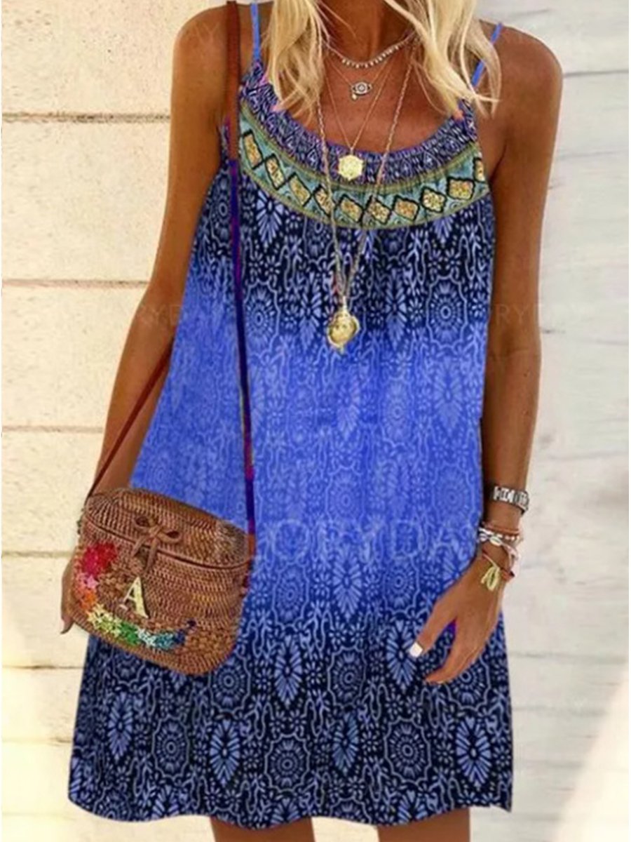 Casual Boho Print U-neck Sleeveless Beach Dress