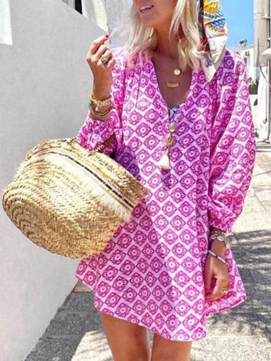 Boho Print V-neck Loose Fit Beach Dress