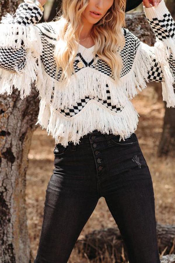 Fringed V-neck Sweater