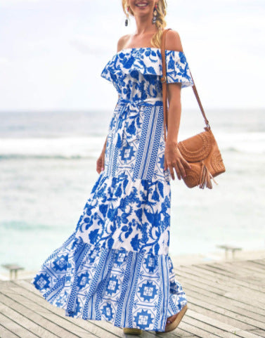 Summer Herringbone Neck High Waist Print Dress