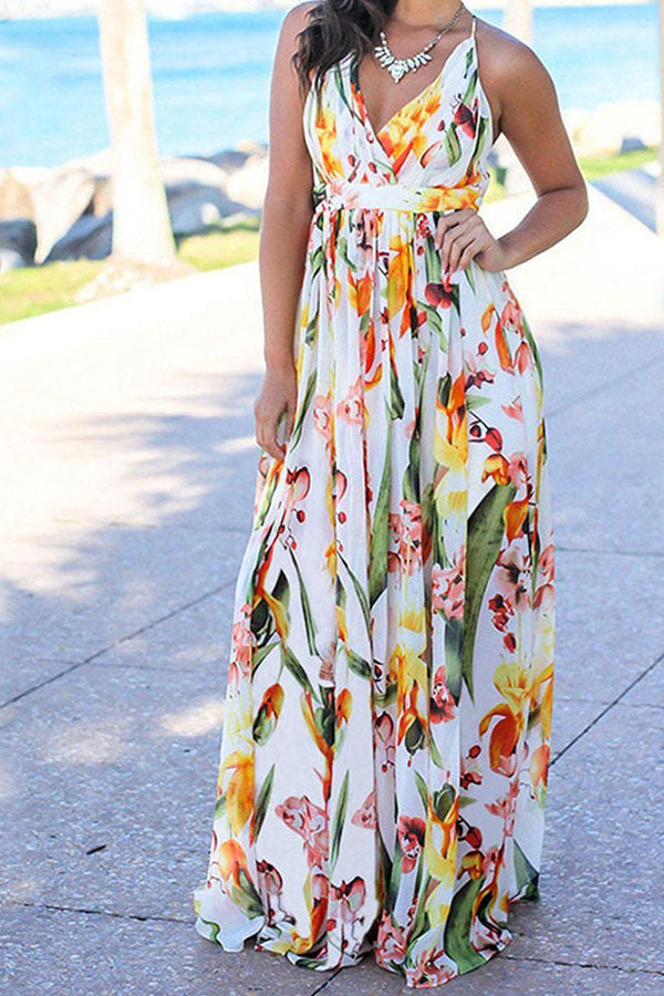 Beach Sling Leak Back Flower Print Maxi Dress