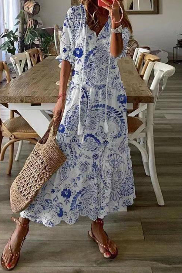 Casual Sweet V-neck Printed Short Sleeve Medium Length Dress