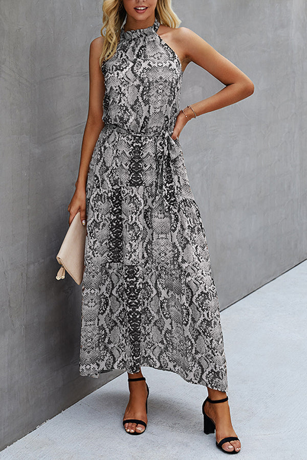 Animal print halter neck halter strap elegant women's dress
