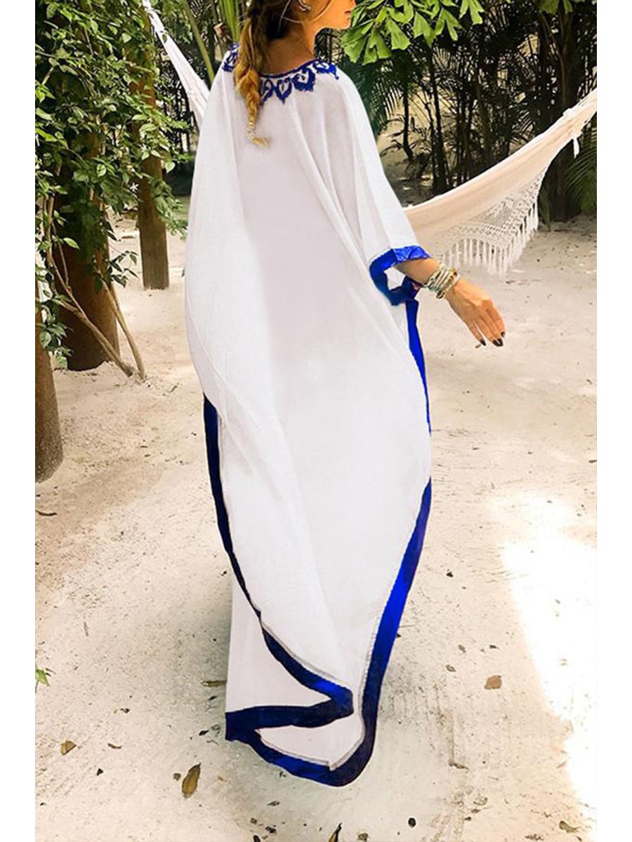 Casual Floral Embroidery Fork Opening Smock