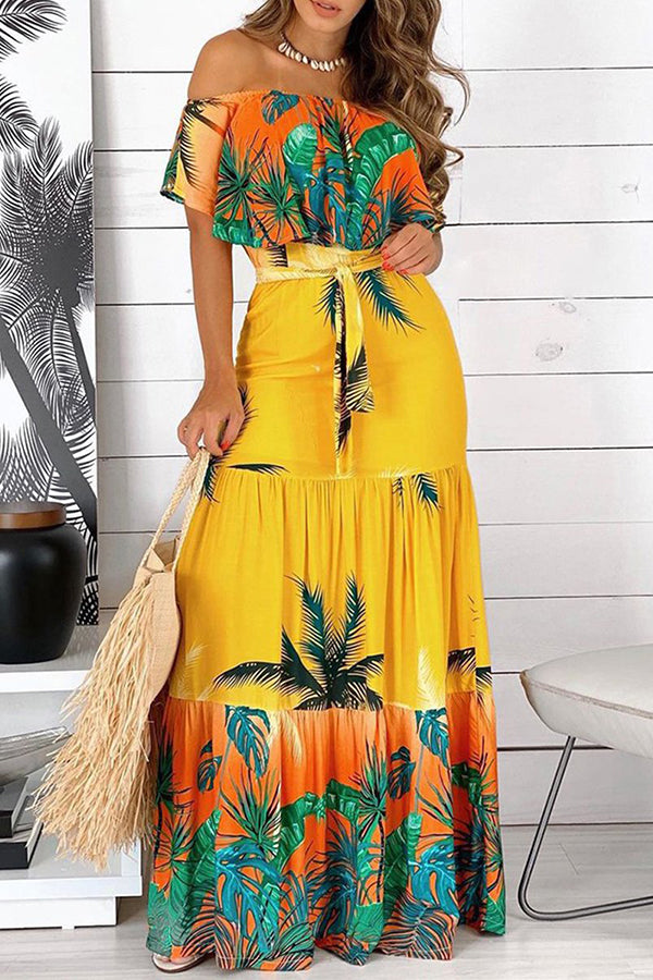 One Shoulder Ruffles Trim Floral Print Dress