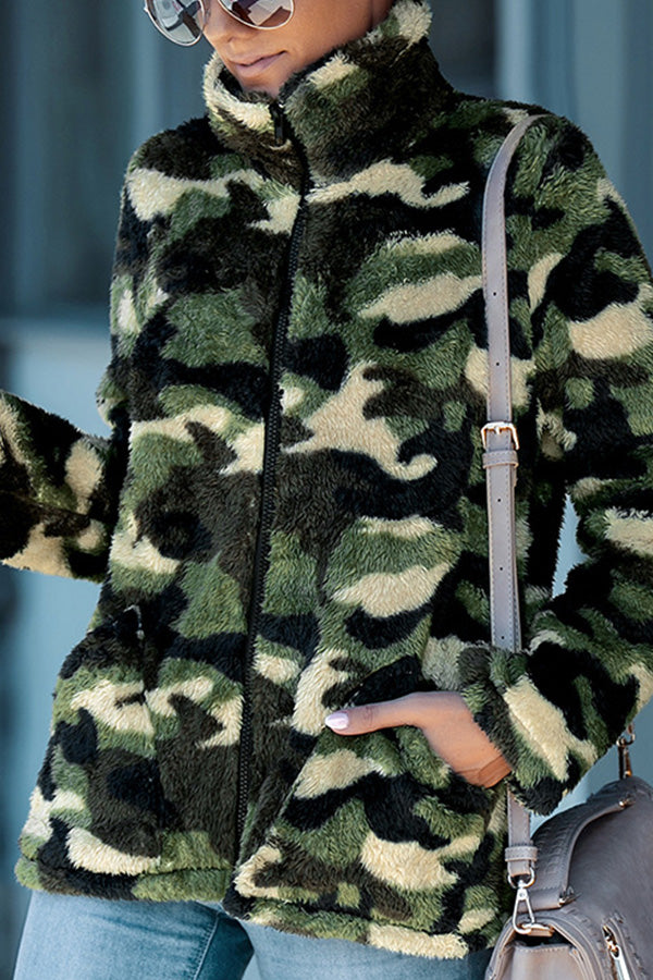 Camouflage Print Pocket Zipper Design Teddy Coat