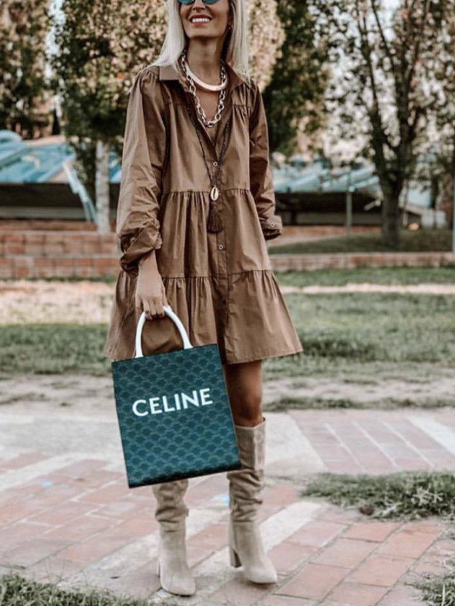 Solid Long Sleeve Shirt Neck Babydoll Mini Dress