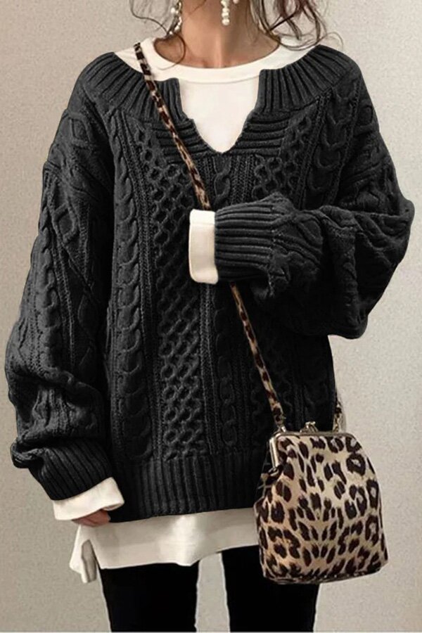 Fashion V-neck Solid Cable Loose Knit Sweater
