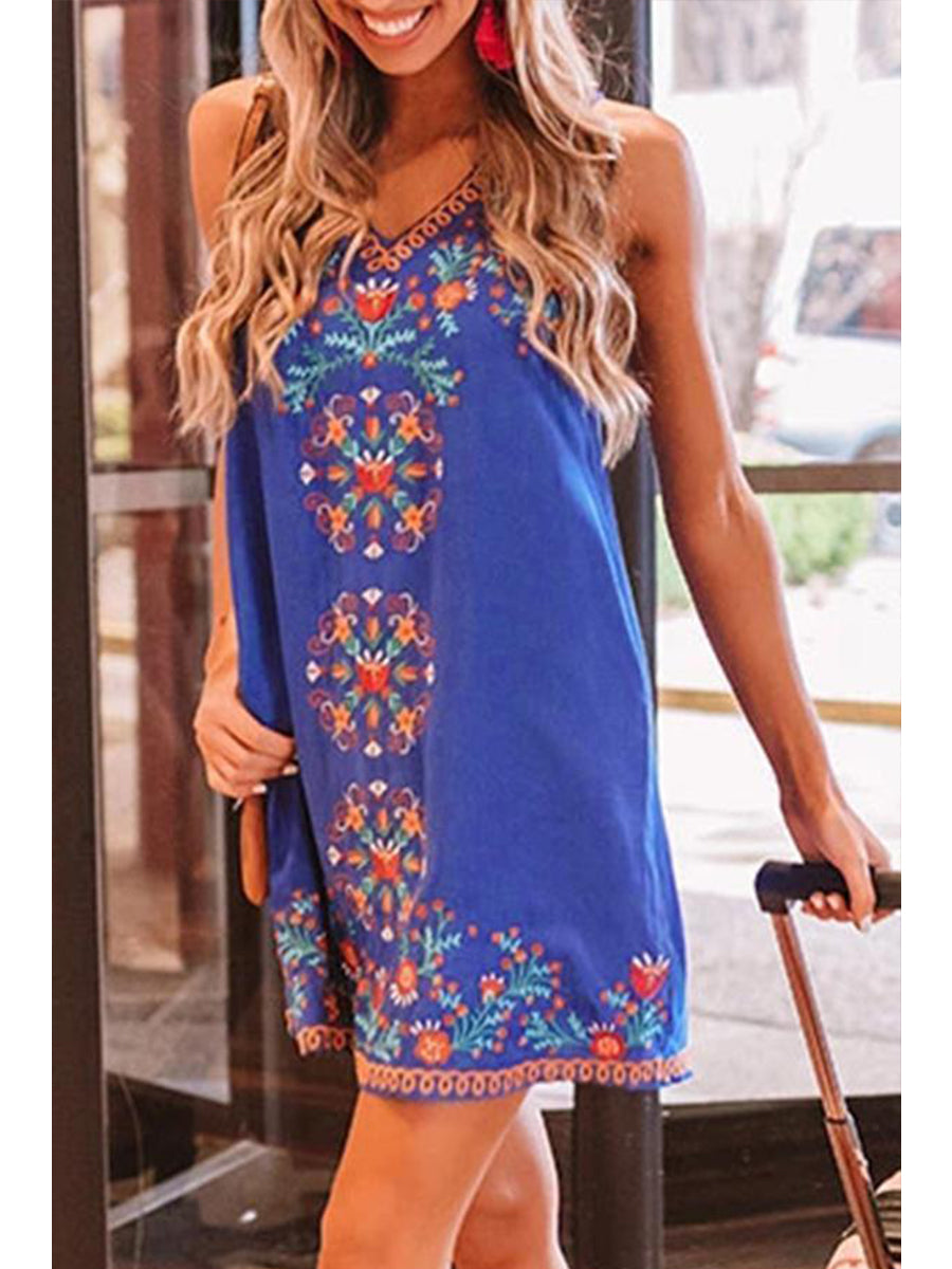 Ethnic Style Sleeveless V-neck Mini Dress