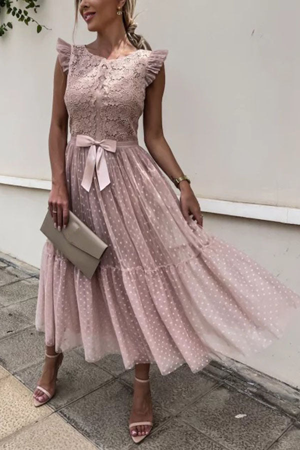 Fashion Solid Color Lace Mesh Panel Dress