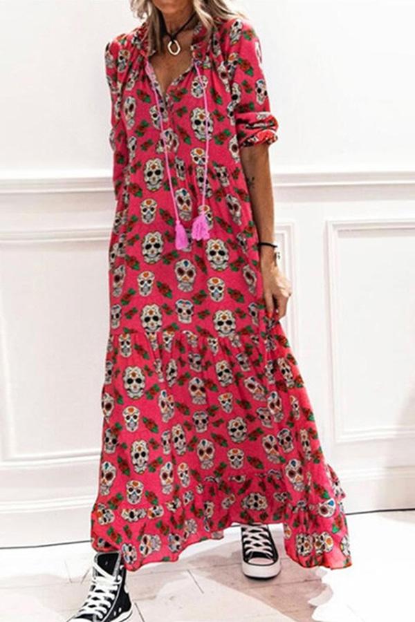 V-neck Casual Loose Medium Sleeve Long Skirt Dress