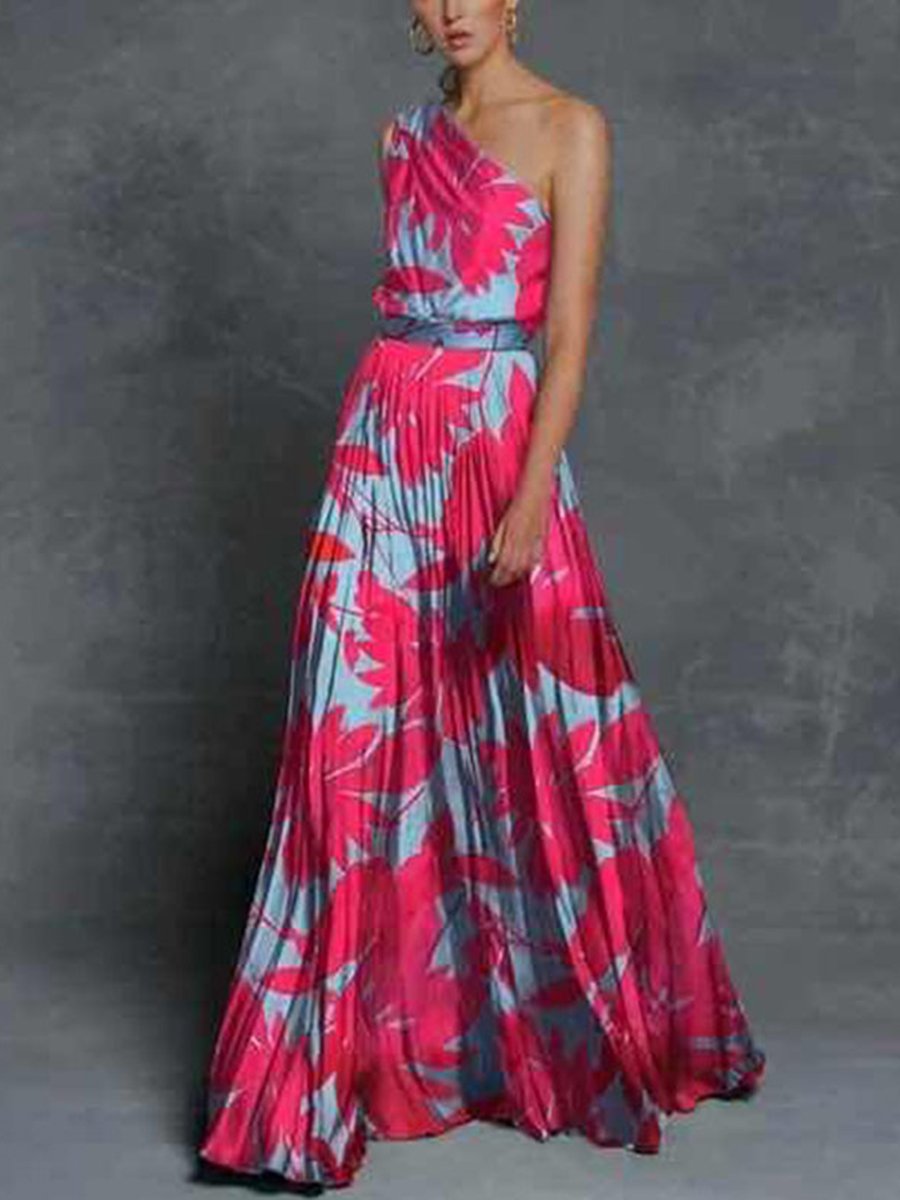 One-shoulder Leaf Print Maxi Dress