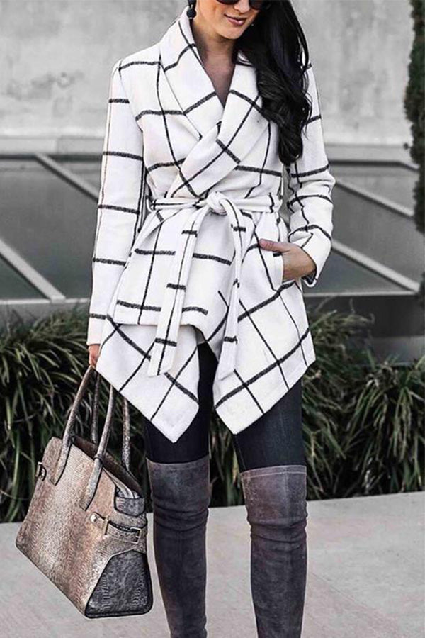 Asymmetric Plaid Wrap Coat