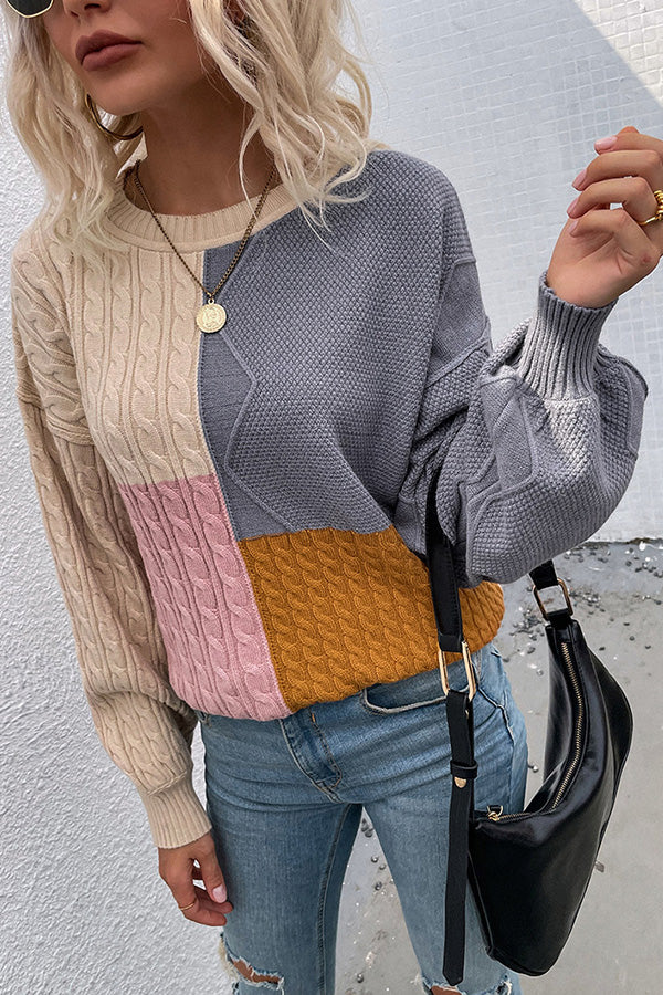 Square Stitching Contrast Color Twist Lantern Sleeve Sweater