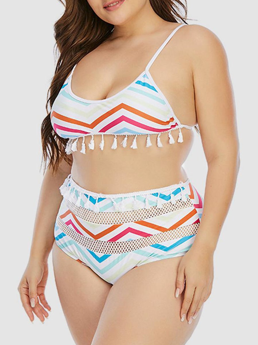 Sweet Geometric Print Hollow-out Tassel Design White Two-piece Swimsuit