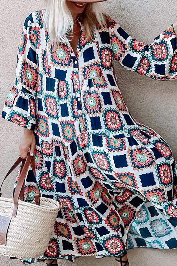 Summer V-neck Flared Sleeve Print Long Dress