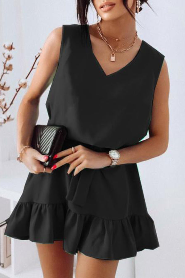 V-Neck Sleeveless Gathered Waist Mini Dress
