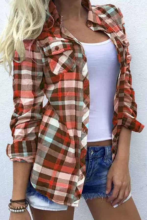 Plaid Pocket Turn-Down Collar Shirt