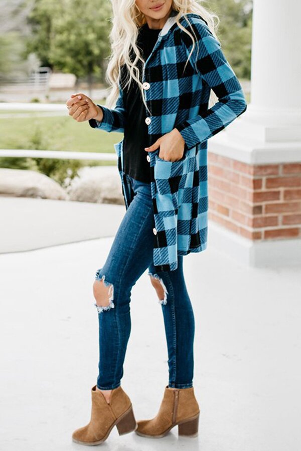 Hooded Plaid Long Sleeve Button Down Pocket Coat