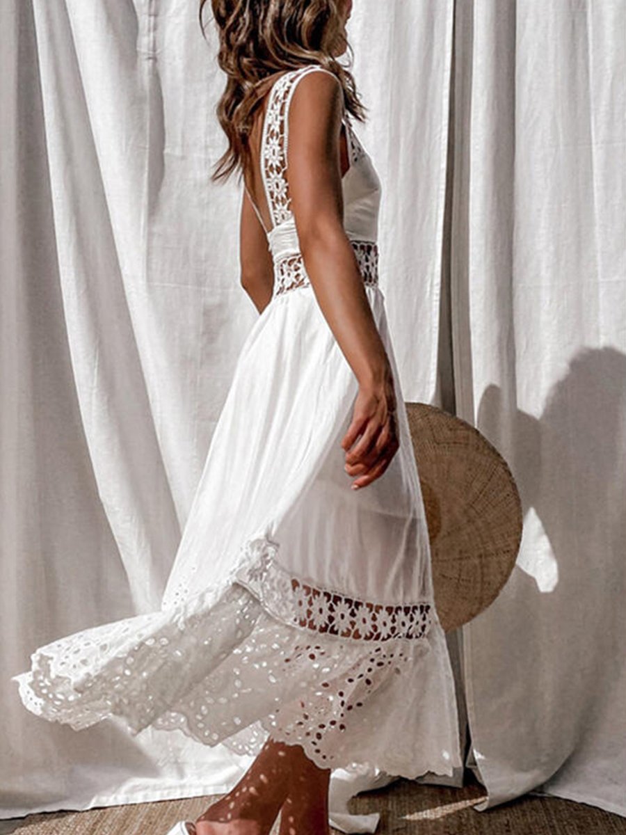 Solid Sleeveless Lace Hollow-out White Dress