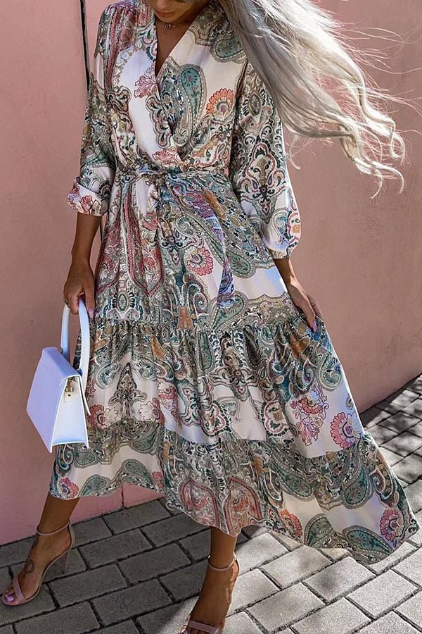 Printed V-Neck Tie Midi Dress