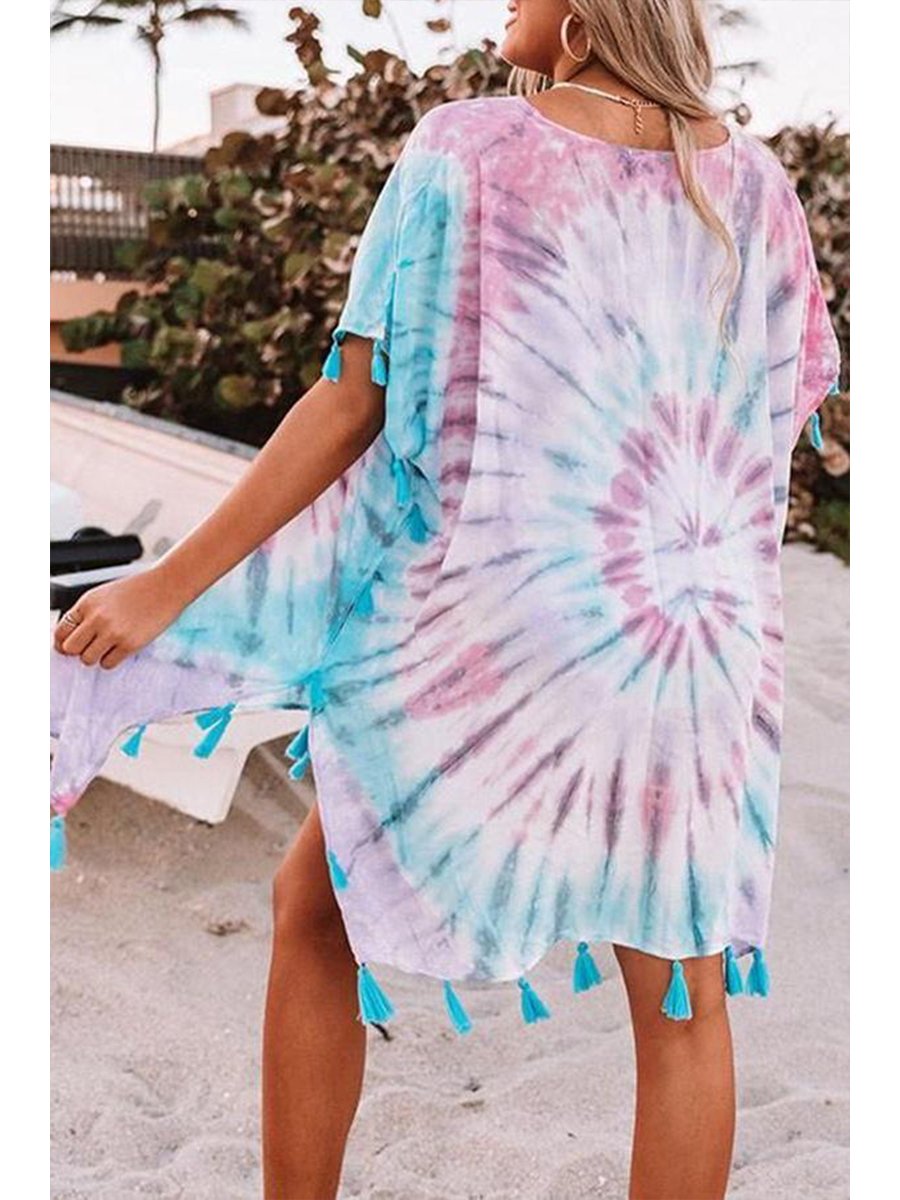 Stylish Irregular Tie Dye Tassels Dress