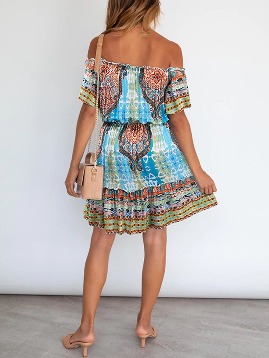 Off-the-shoulder Boho Print Mini Dress