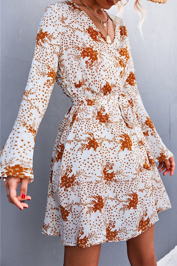 V-Neck Cross Flare Sleeves Printed Lace-Up Mini Dress