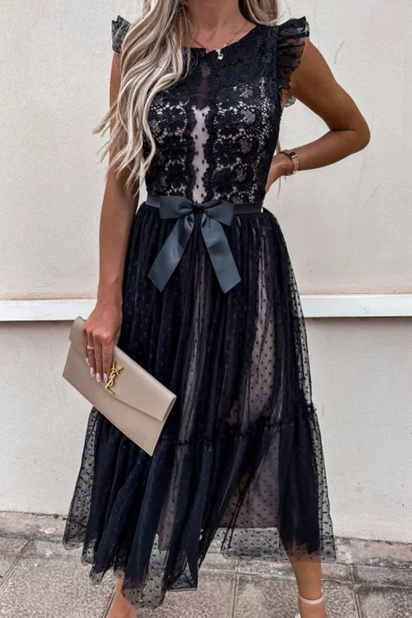 Fashion Solid Color Lace Mesh Panel Dress