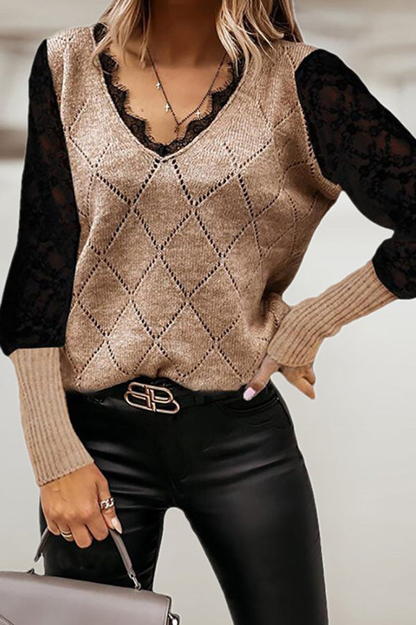 Eyelash Lace Trim Hollow Out Colorblock Sweater